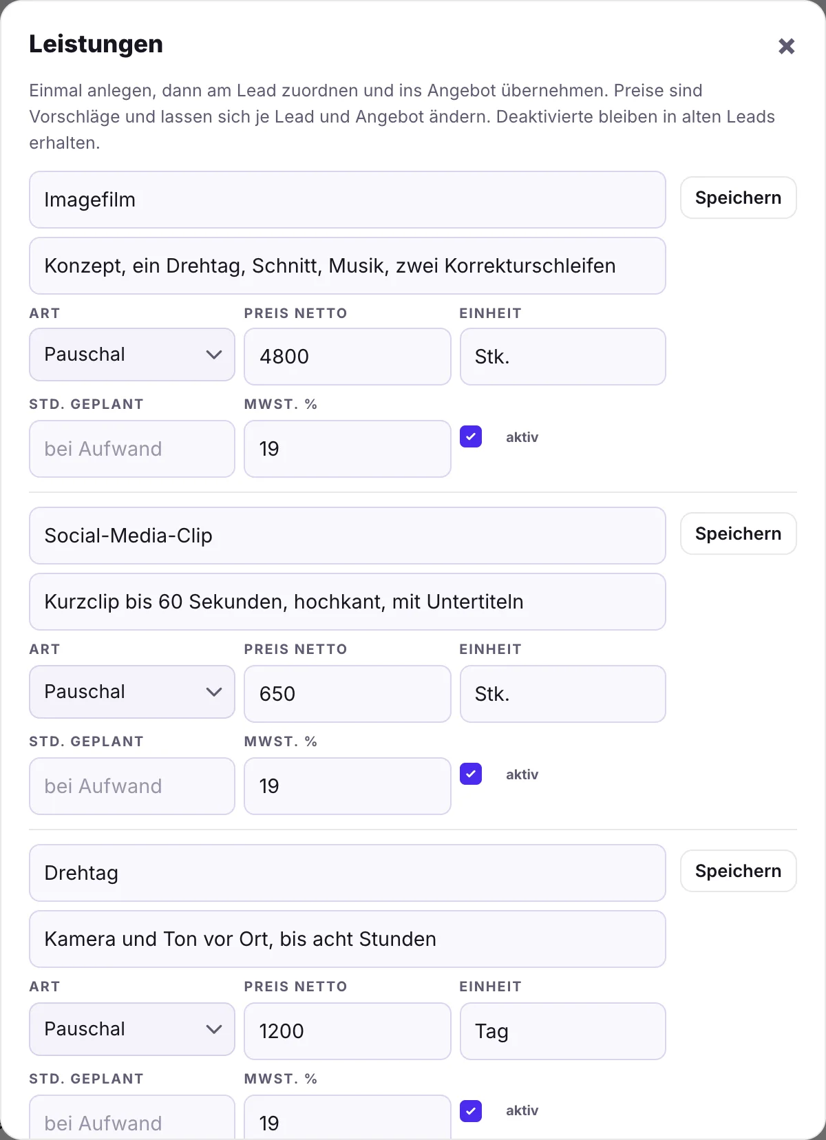 Leistungskatalog mit Preisen
