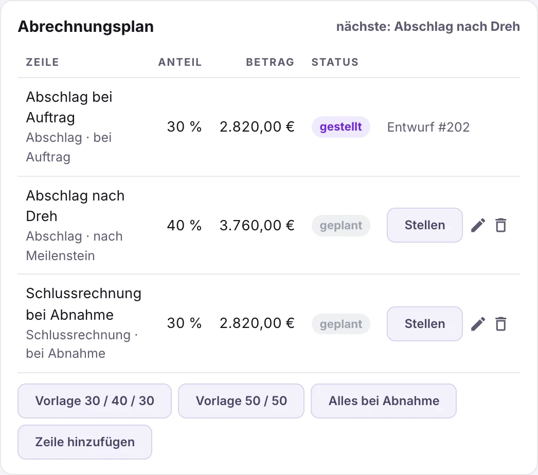 Abrechnungsplan mit Abschlag bei Auftrag, Abschlag nach Dreh und Schlussrechnung bei Abnahme