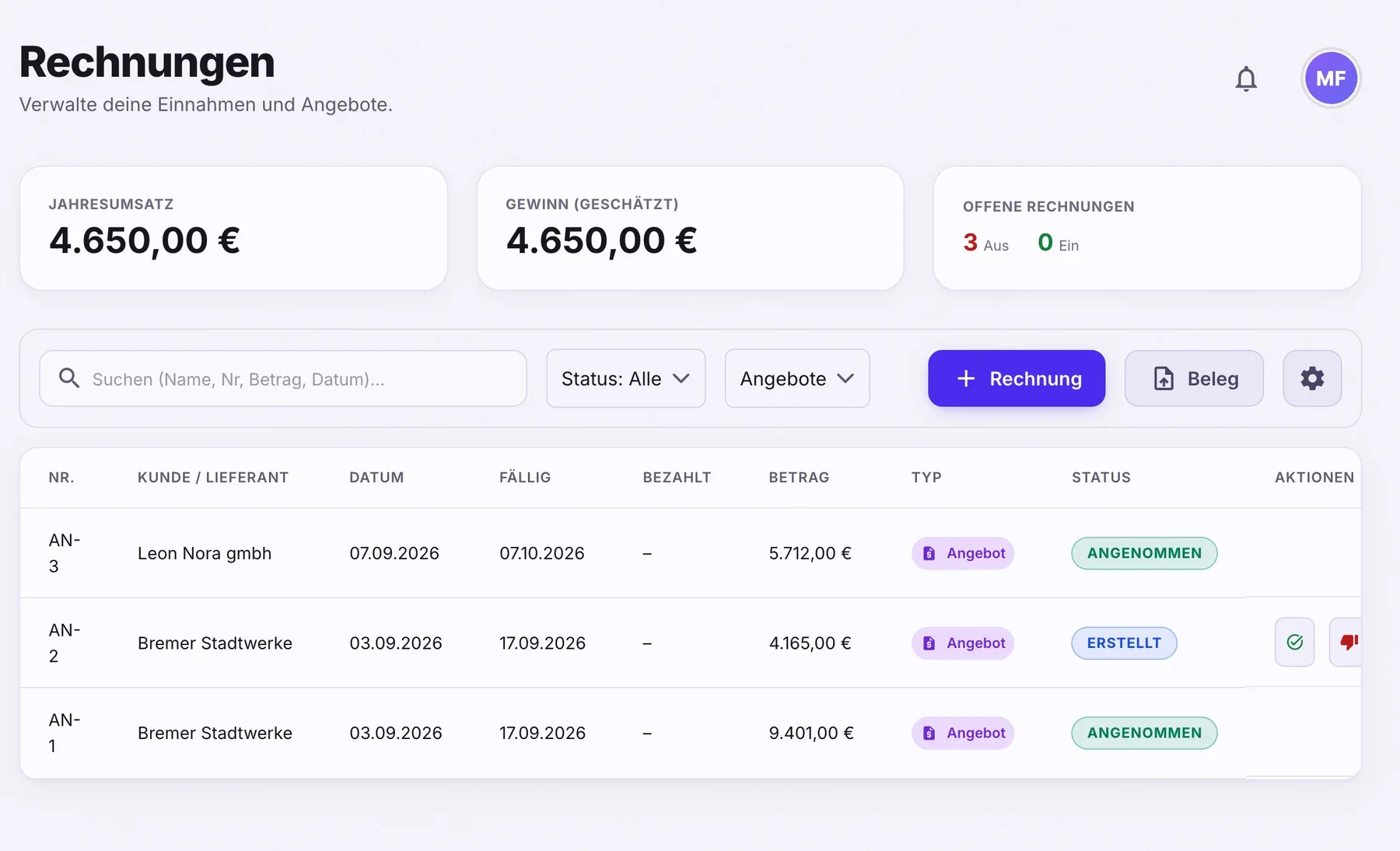 Angebote in tidalmuse: Liste mit Nummer, Kunde, Betrag und Status