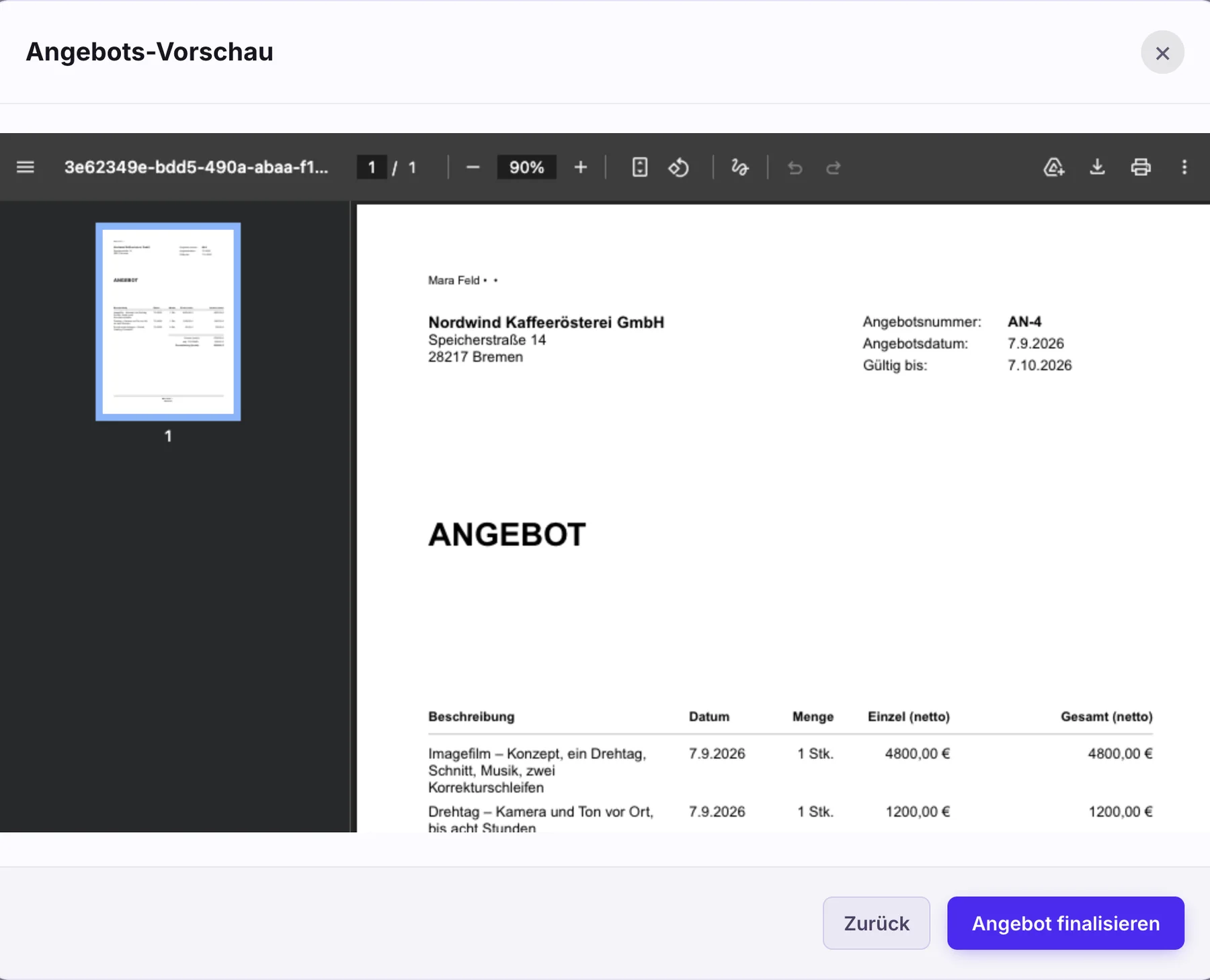 Angebots-Vorschau als PDF mit Angebotsnummer AN-4, Datum, Gültig bis und Positionen