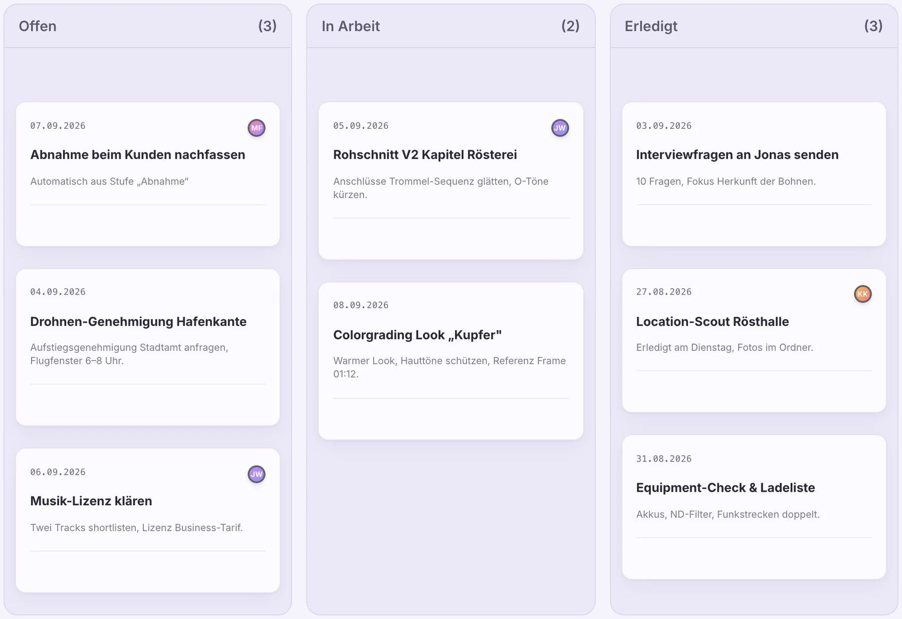 Aufgaben-Board im Projekt mit den Spalten Offen, In Arbeit und Erledigt