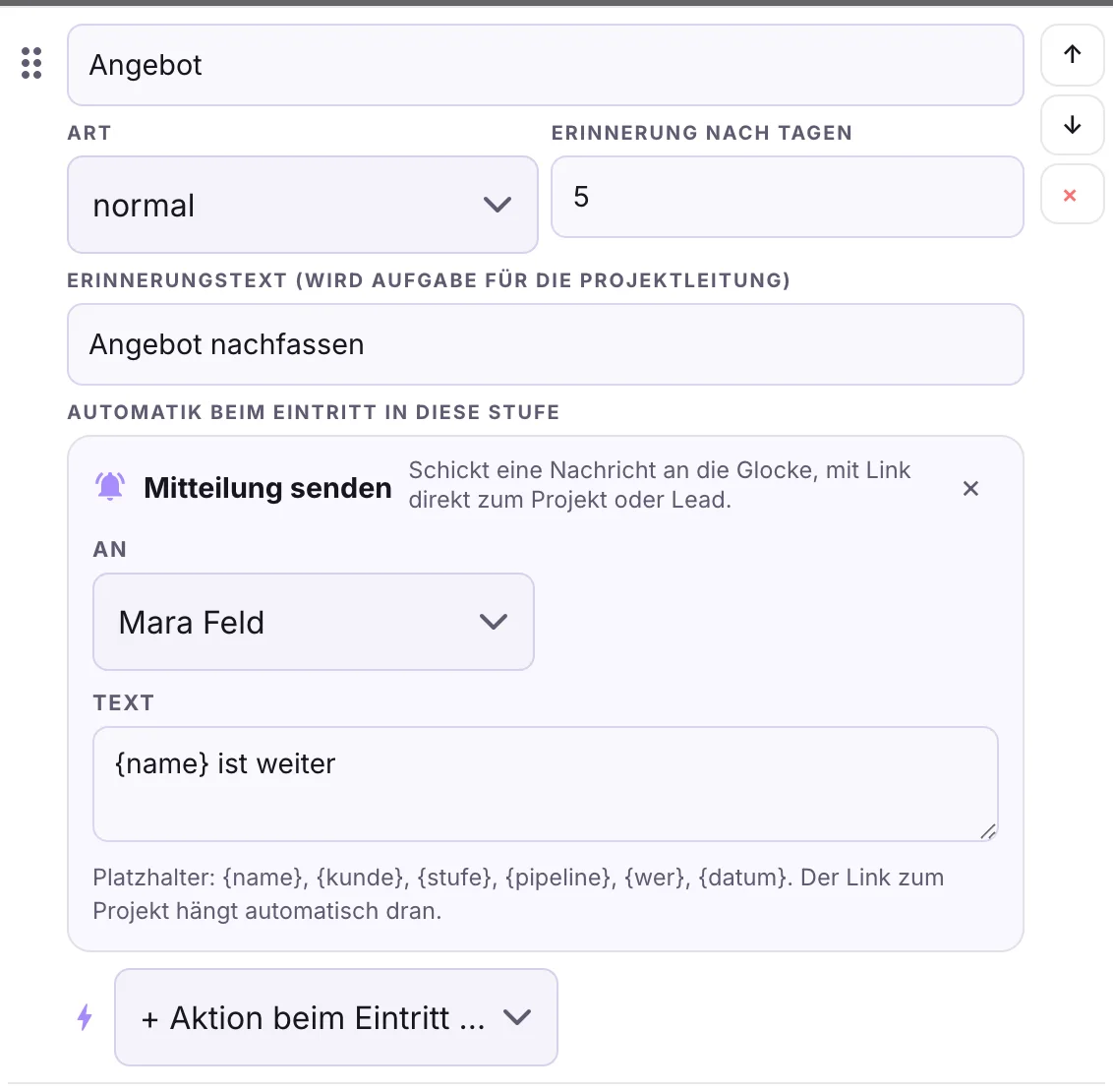Stufe Angebot im Pipeline-Dialog mit Erinnerung nach 5 Tagen und Mitteilung senden