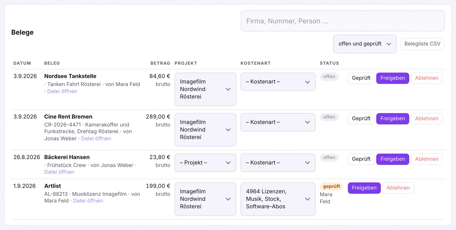 Karte Belege ablegen mit Ablagefläche und dem Weg Ablegen, Prüfen, Projekt und Kostenart, Freigeben, Bezahlt, Export