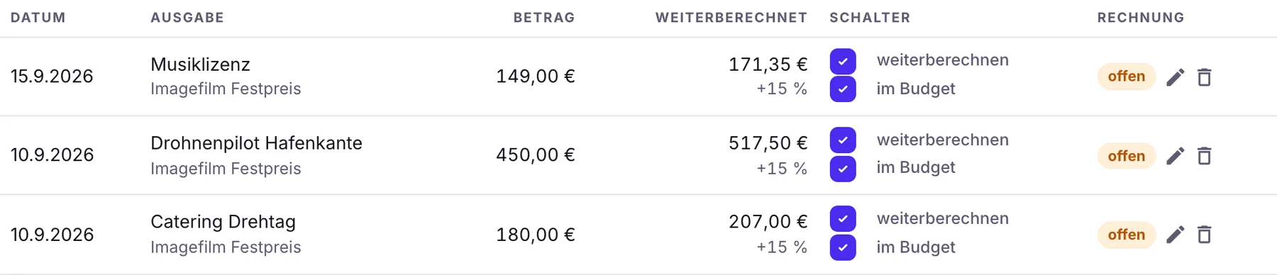 Ausgaben im Projekt: Musiklizenz, Drohnenpilot, Catering mit Betrag, Weiterberechnet plus 15 Prozent und Schaltern
