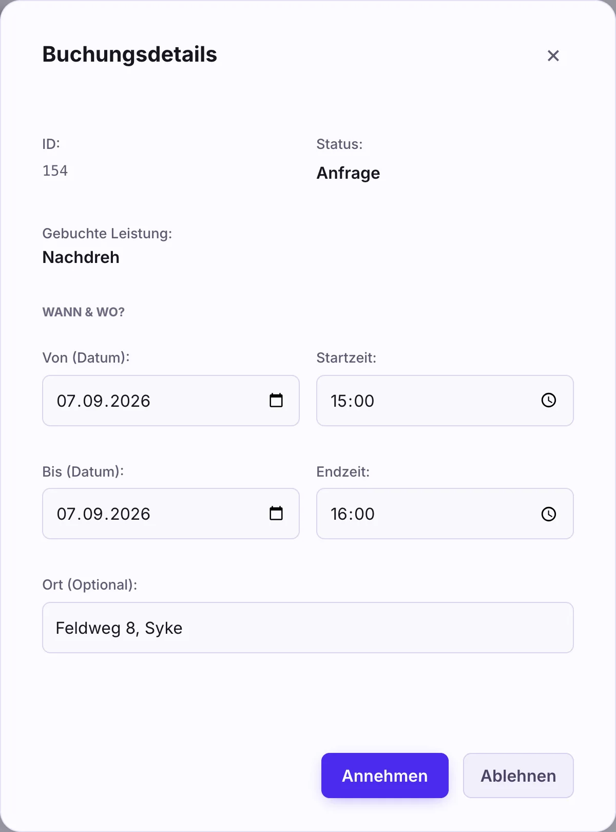 Buchungsdetails einer Anfrage: Nachdreh am 07.09.2026 von 15:00 bis 16:00 in Syke