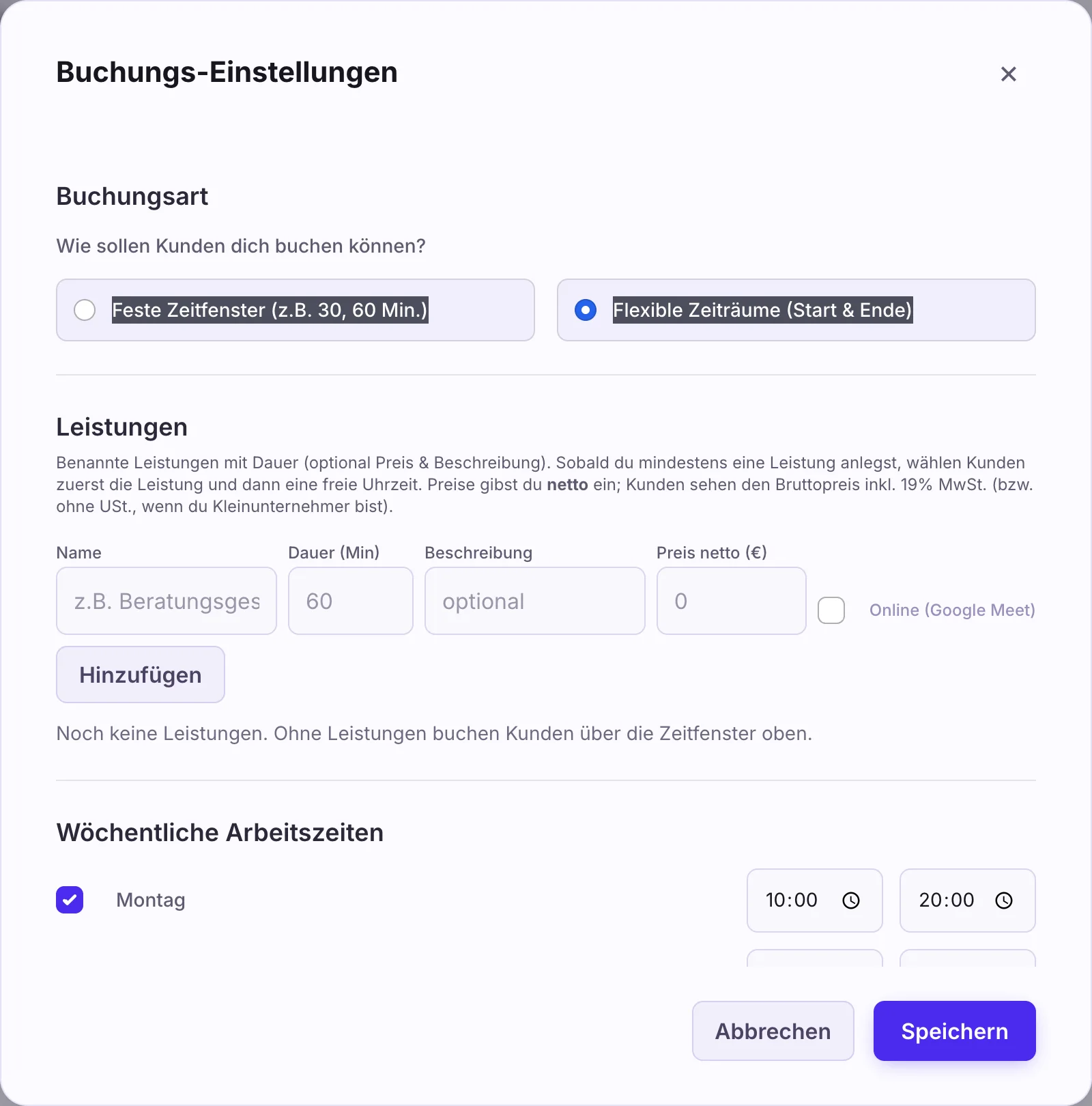 Buchungs-Einstellungen mit Buchungsart, Leistungen und wöchentlichen Arbeitszeiten