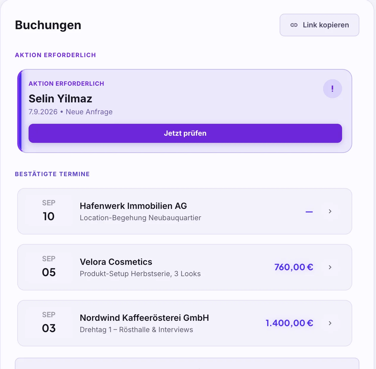 Buchungen-Karte im Dashboard mit Link kopieren, Aktion erforderlich und bestätigten Terminen