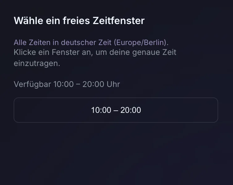 Auswahl des freien Zeitfensters 10:00 bis 20:00 Uhr auf der Buchungsseite