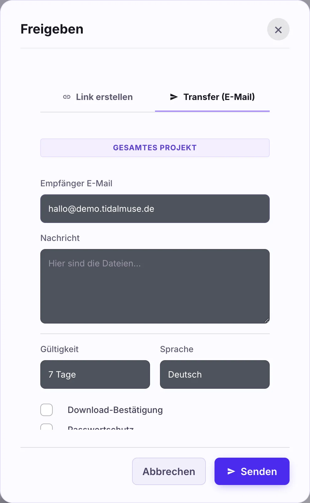 Reiter Transfer (E-Mail) im Freigabe-Fenster mit Empfänger, Nachricht, Gültigkeit und Sprache
