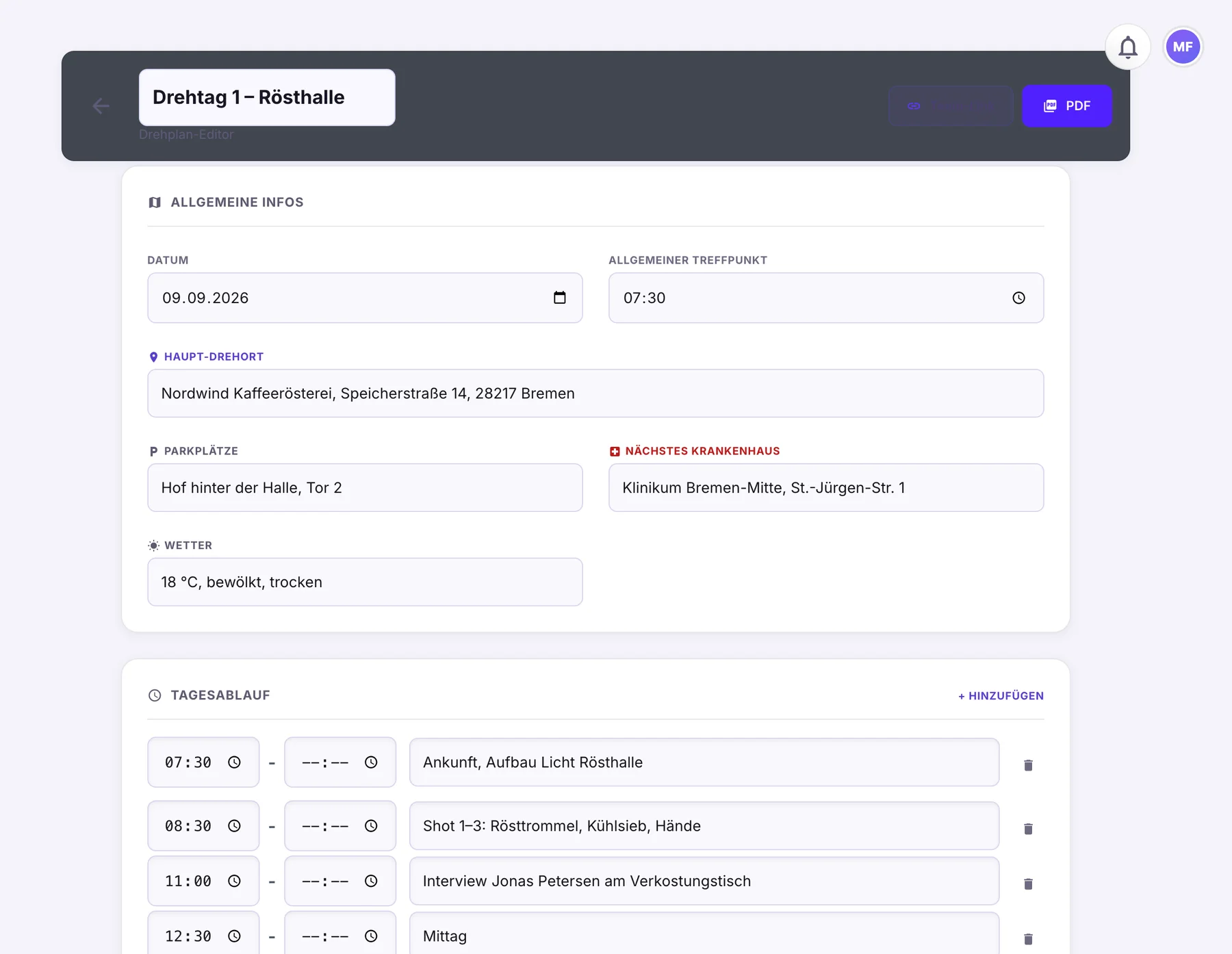Drehplan-Editor in tidalmuse mit allgemeinen Infos, Treffpunkt, Drehort, Wetter und Tagesablauf