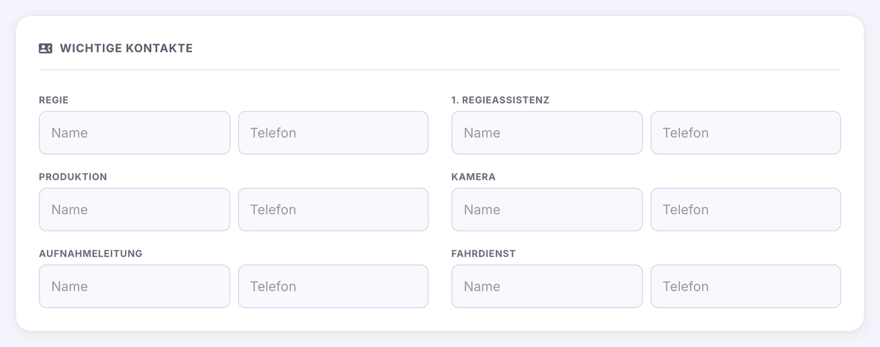 Block Wichtige Kontakte mit Name und Telefon je Funktion