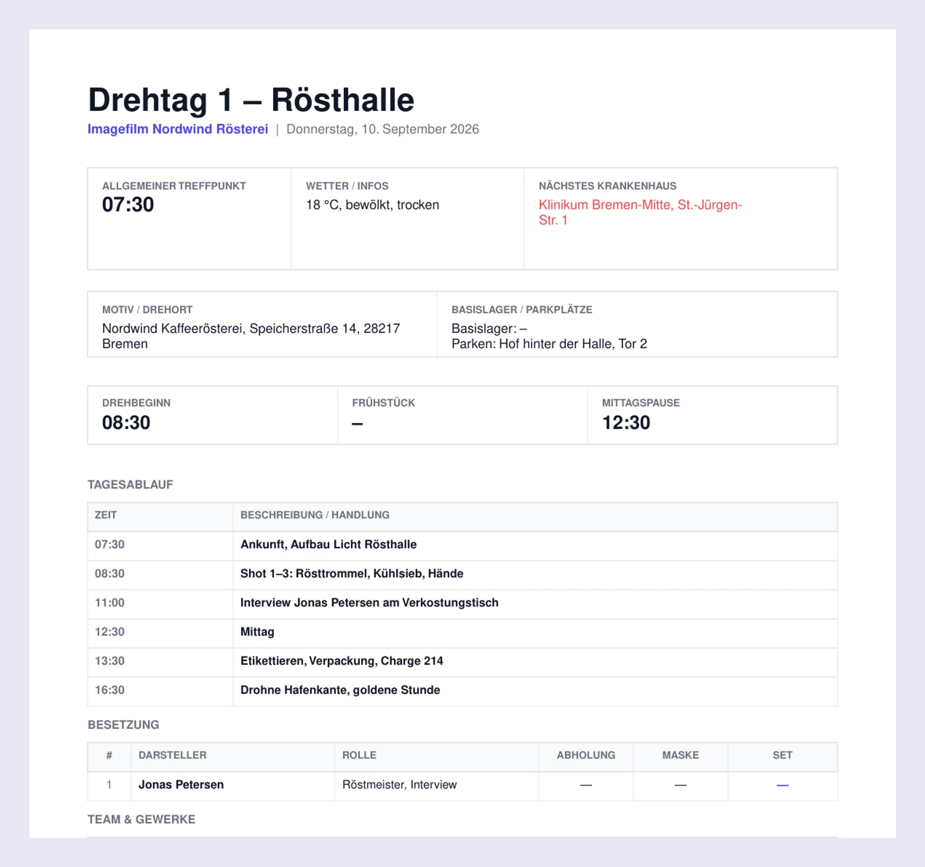 Call Sheet als PDF mit Treffpunkt, Wetter, Krankenhaus, Drehort, Zeiten und Tagesablauf