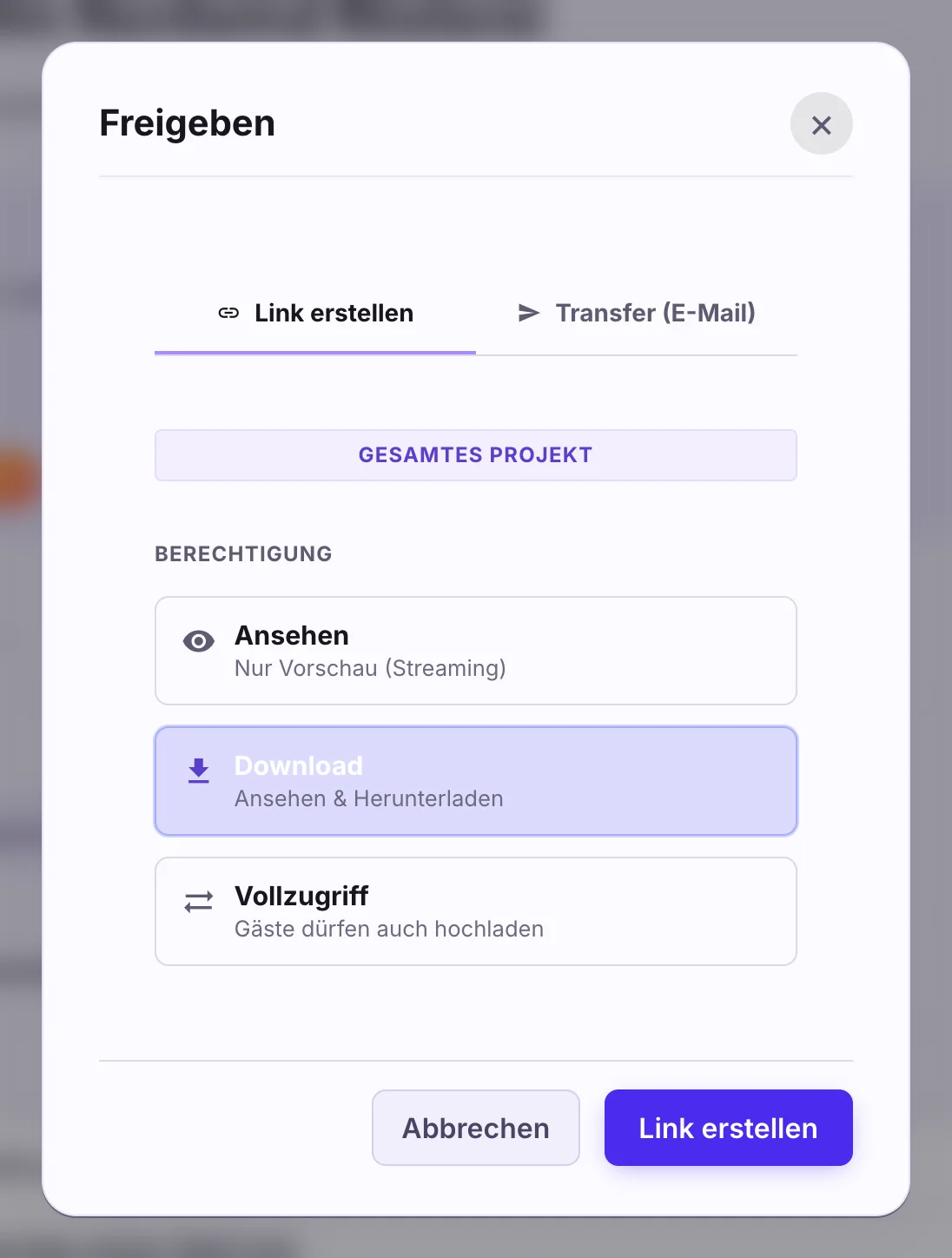 Fenster Freigeben mit den Berechtigungen Ansehen, Download und Vollzugriff