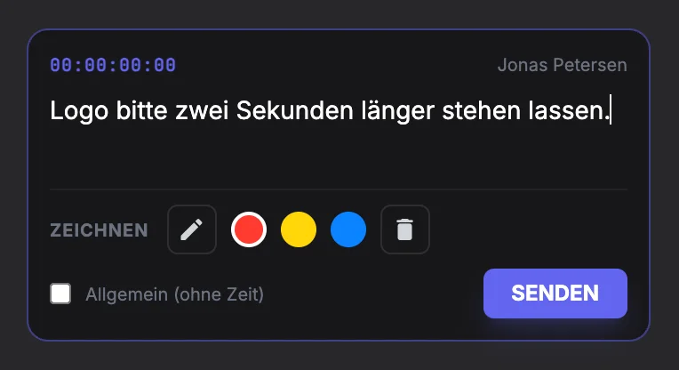 Kommentarfeld im Player mit Timecode, Name des Kunden, Zeichenwerkzeugen und Senden