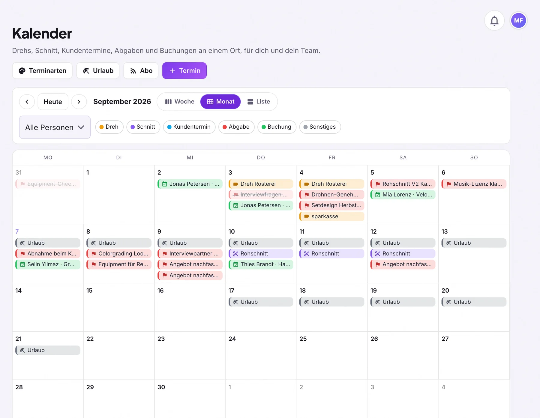 Monatsansicht September 2026 mit Terminen, Urlaub und Abgaben