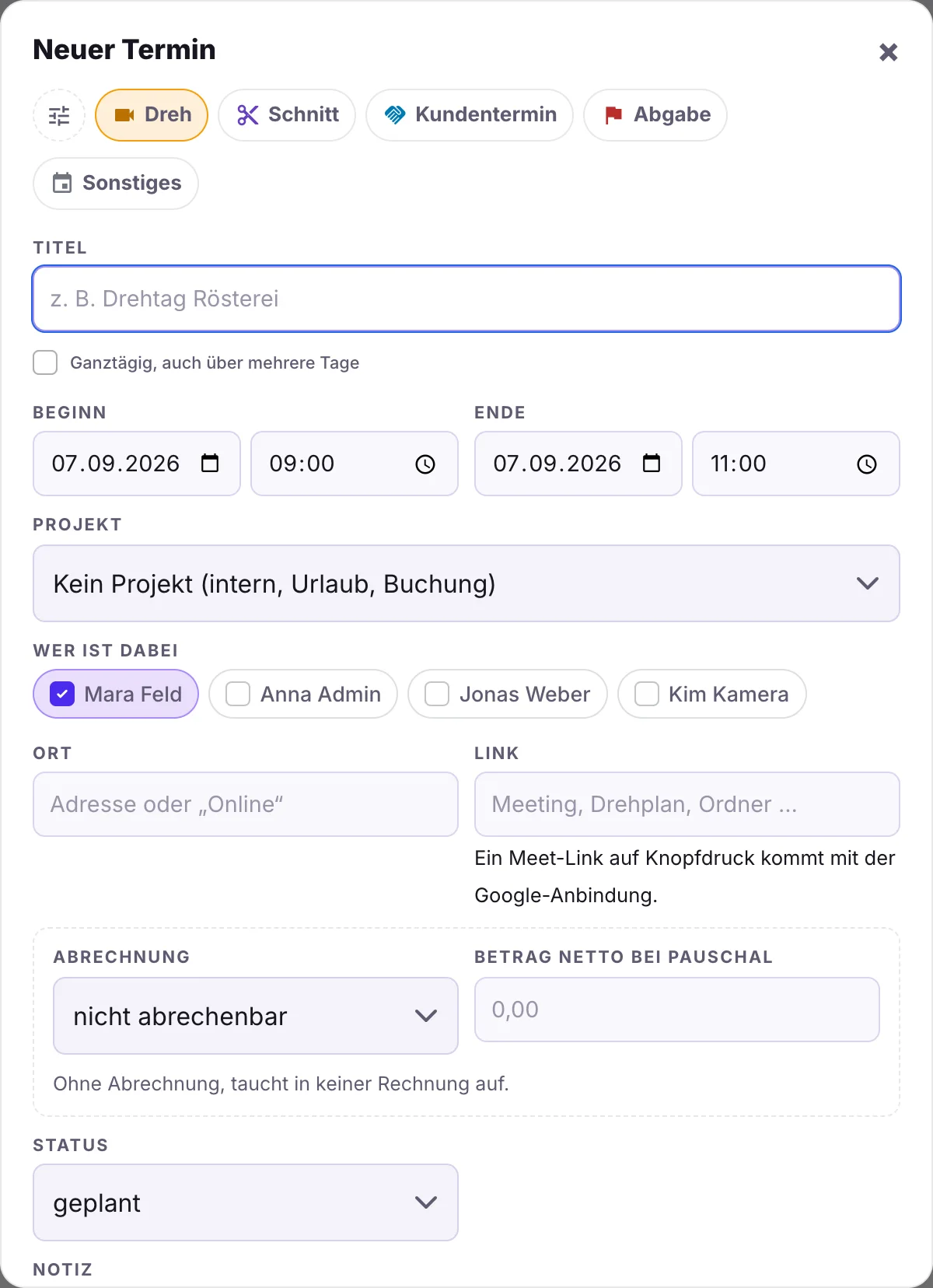 Dialog Neuer Termin mit Terminart, Titel, Beginn, Ende, Projekt und Beteiligten