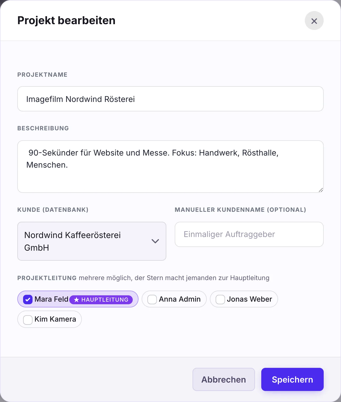 Projektfenster mit Kunde aus der Datenbank, Projektleitung und Abrechnung