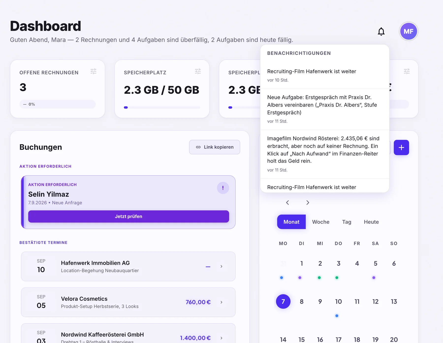 Dashboard in tidalmuse mit geöffneter Glocke: Liste der Benachrichtigungen mit Zeitangaben