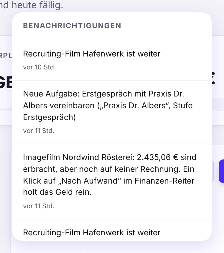 Geöffnete Glocke mit Einträgen zu Aufgabe, Projekt und nicht abgerechneten Leistungen
