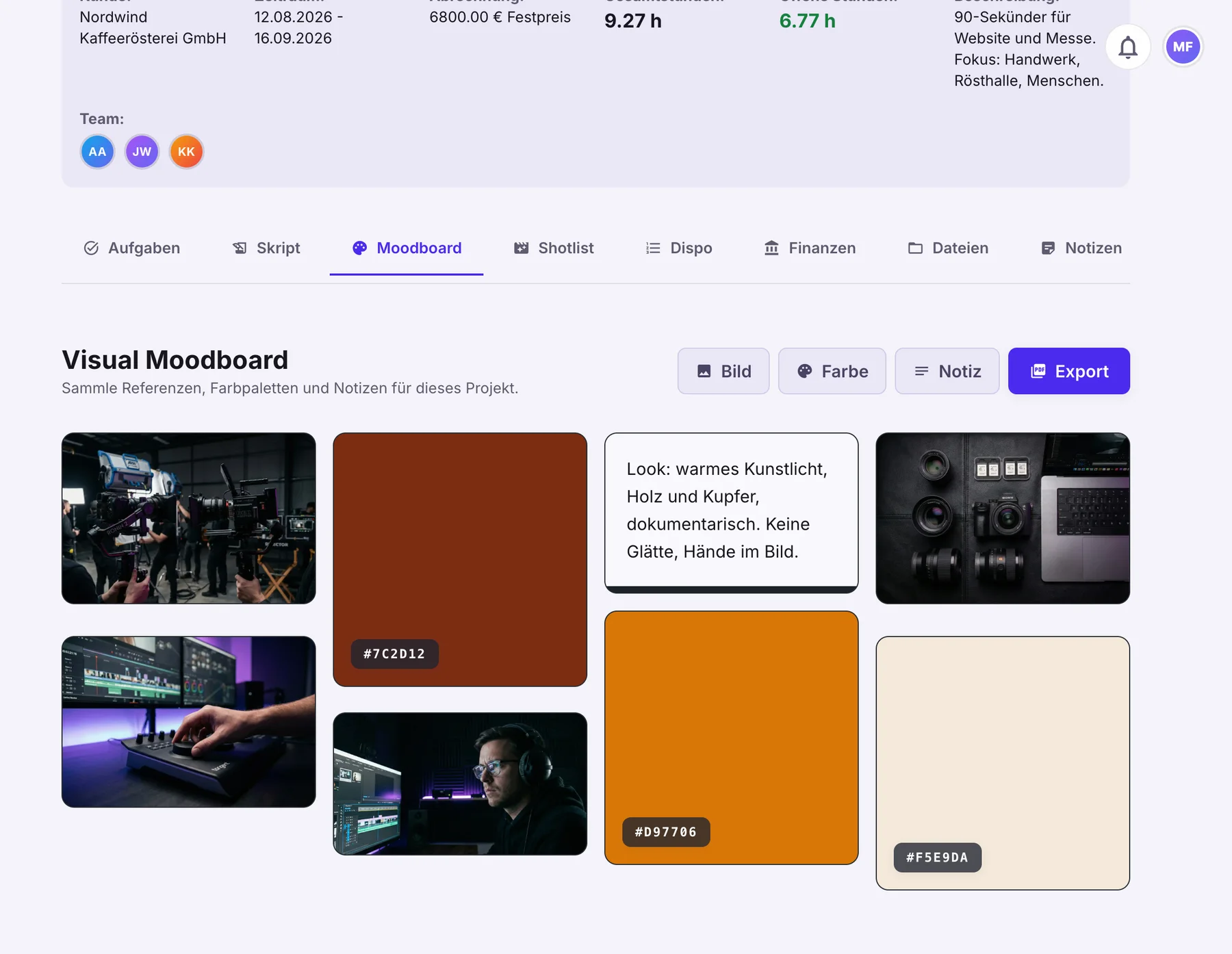 Moodboard-Reiter in tidalmuse mit Referenzbildern, Farbfeldern und einer Notizkarte