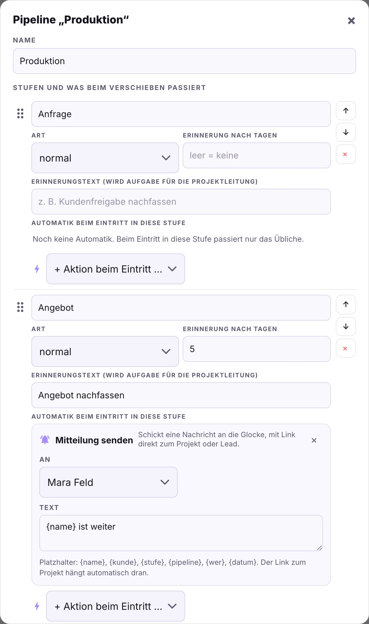 Pipeline-Dialog mit Name, Stufen, Art, Erinnerung nach Tagen und Automatik beim Eintritt