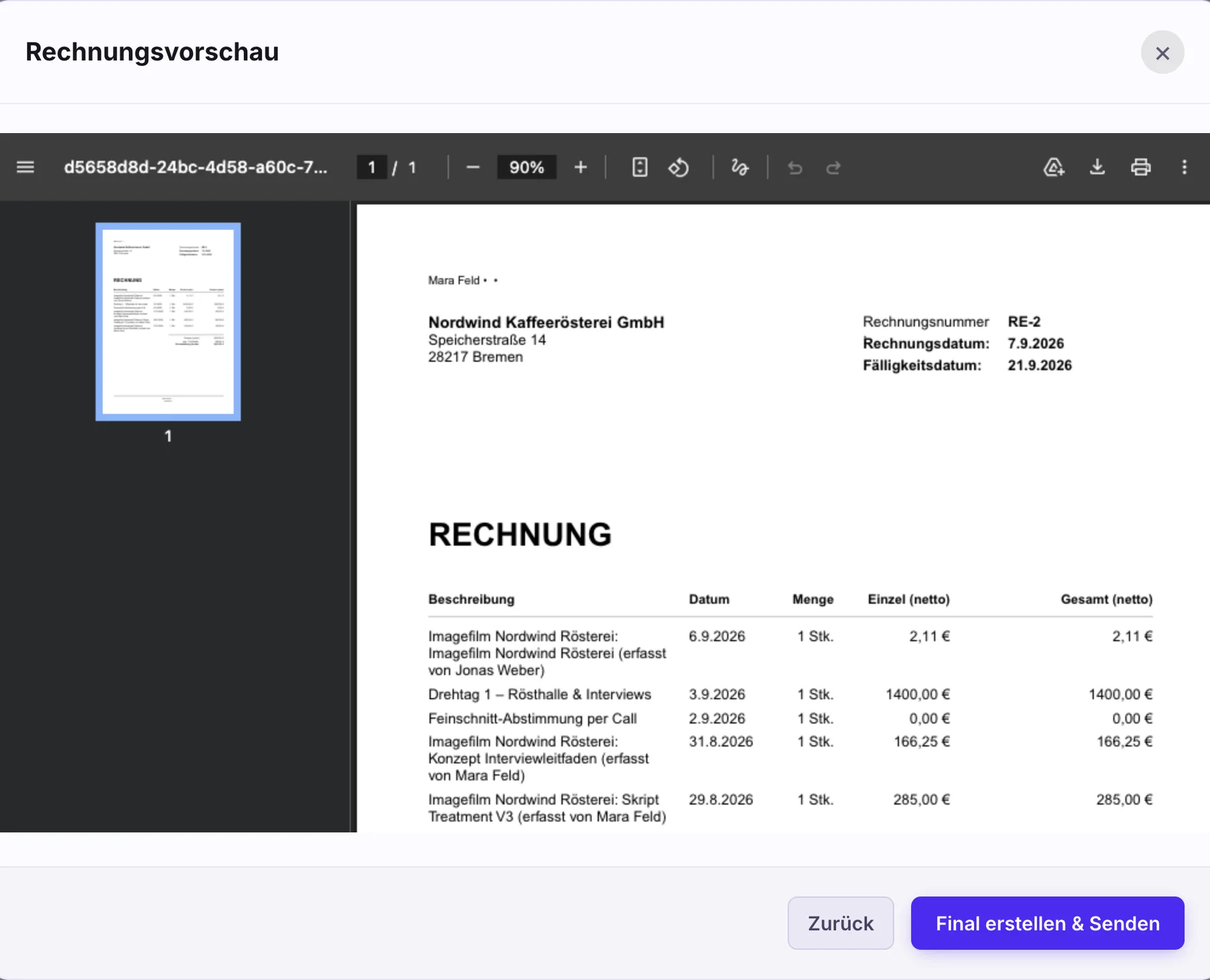 Rechnungsvorschau als PDF mit Rechnungsnummer RE-2, Datum, Fälligkeitsdatum und Positionen