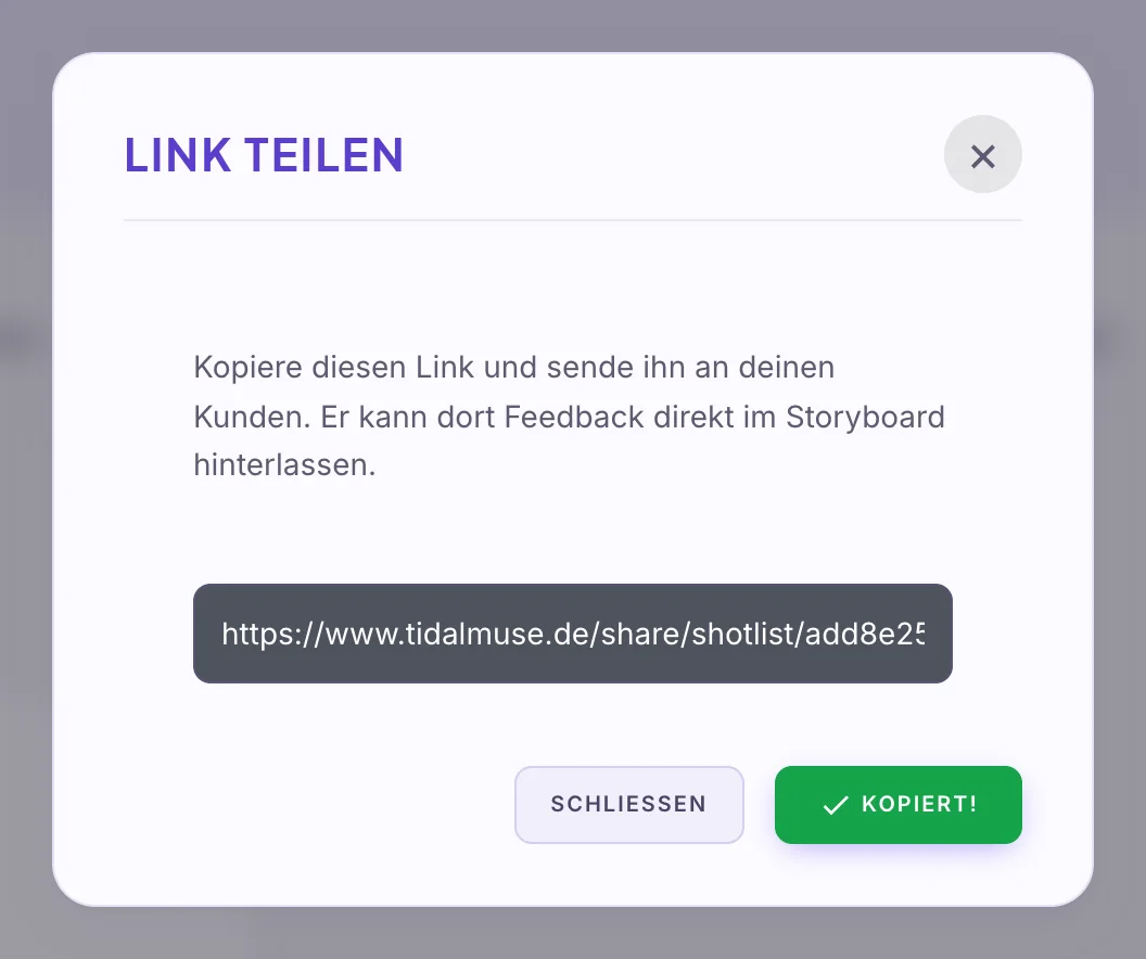 Fenster Link teilen mit dem Link zum Storyboard