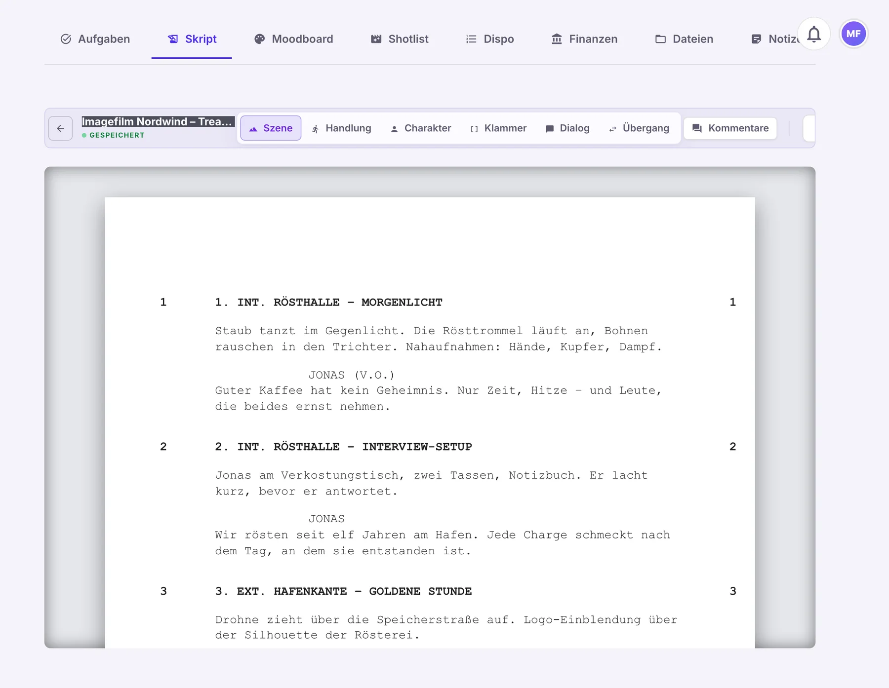 Skript-Editor in tidalmuse: Formatleiste mit Szene, Handlung, Charakter, Klammer, Dialog, Übergang und nummerierte Szenen auf weißem Papier