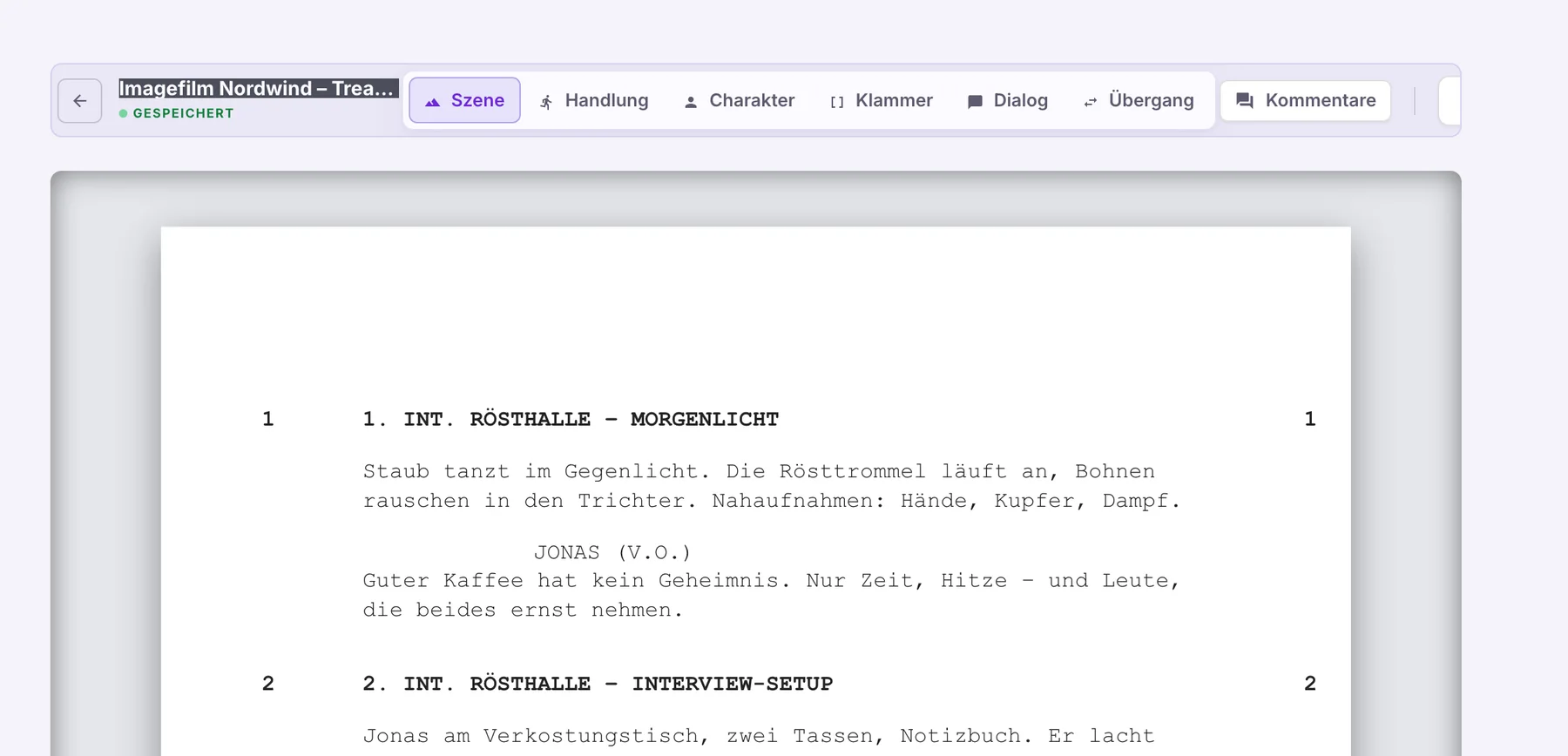 Formatleiste und erste Szene im Skript-Editor