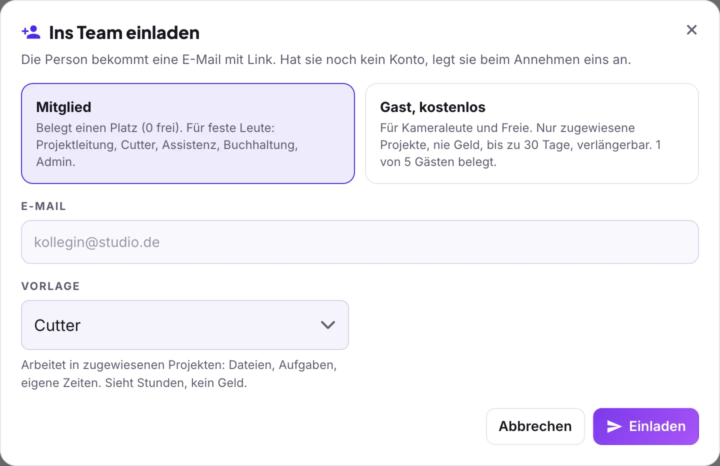 Dialog Ins Team einladen mit Mitglied oder Gast, E-Mail und Vorlage