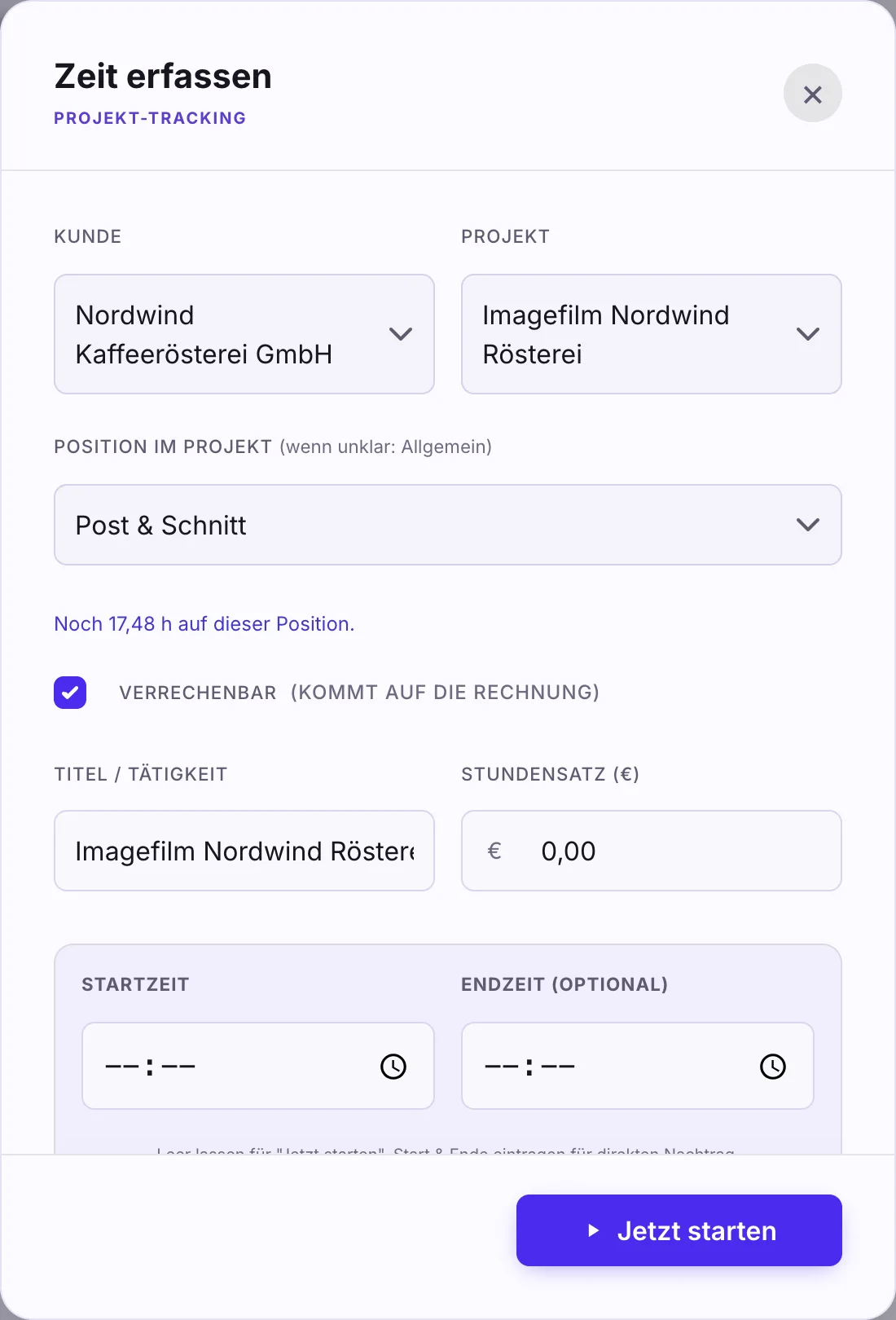 Fenster Zeit erfassen mit Projekt Imagefilm Nordwind Rösterei, Position Post & Schnitt und dem Hinweis Noch 17,48 h