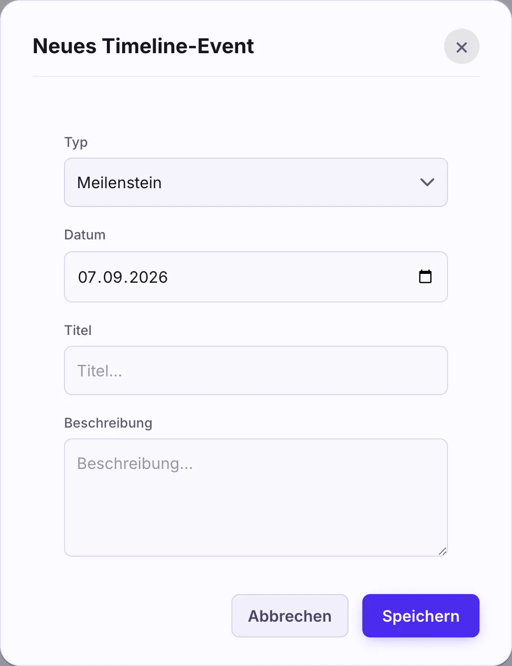 Dialog Neues Timeline-Event mit Typ, Datum, Titel und Beschreibung