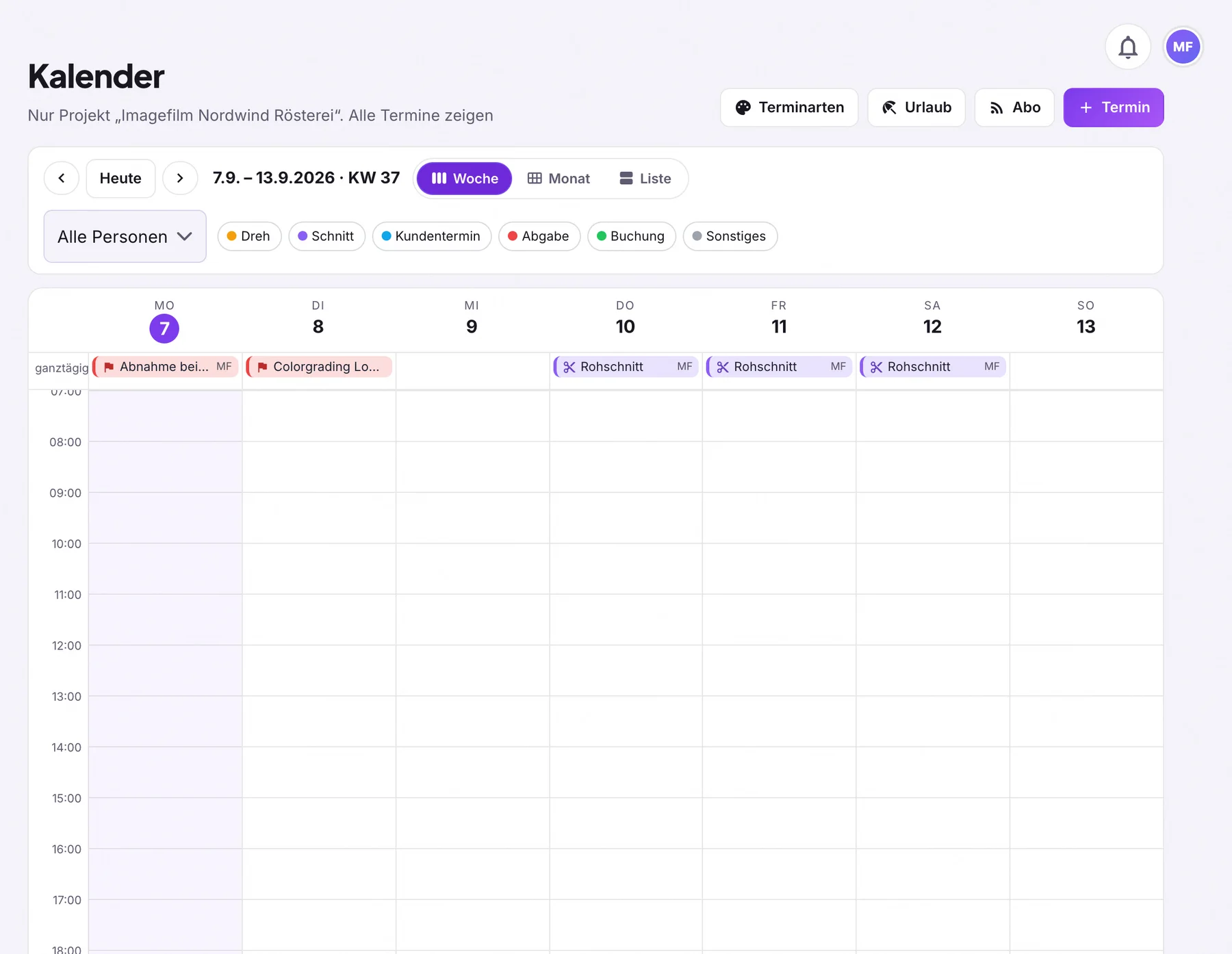 Studio-Kalender in der Wochenansicht, gefiltert auf das Projekt Imagefilm Nordwind Rösterei