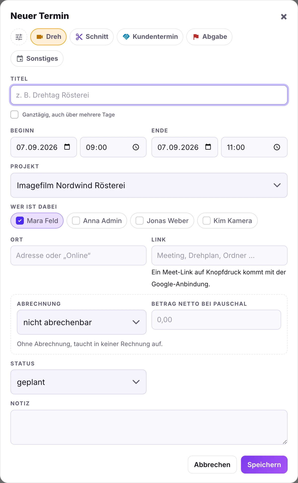 Dialog Neuer Termin mit Terminarten, Beginn, Ende, Projekt, Beteiligten, Ort, Link und Abrechnung